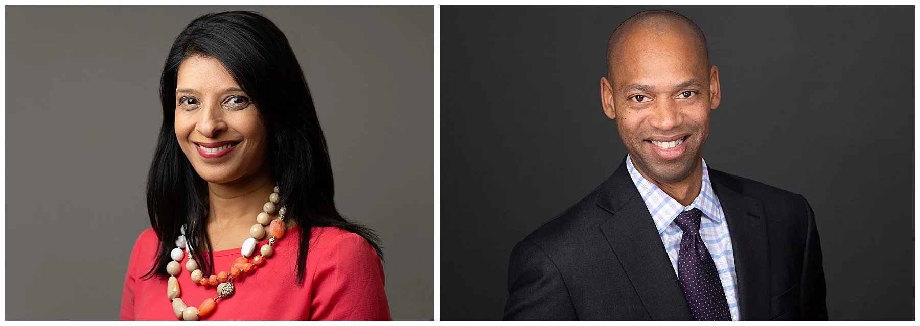 A woman with long black hair, wearing a pink top and a beaded necklace, and a man with short hair, wearing a suit and tie, each smiling in separate portrait photographs.