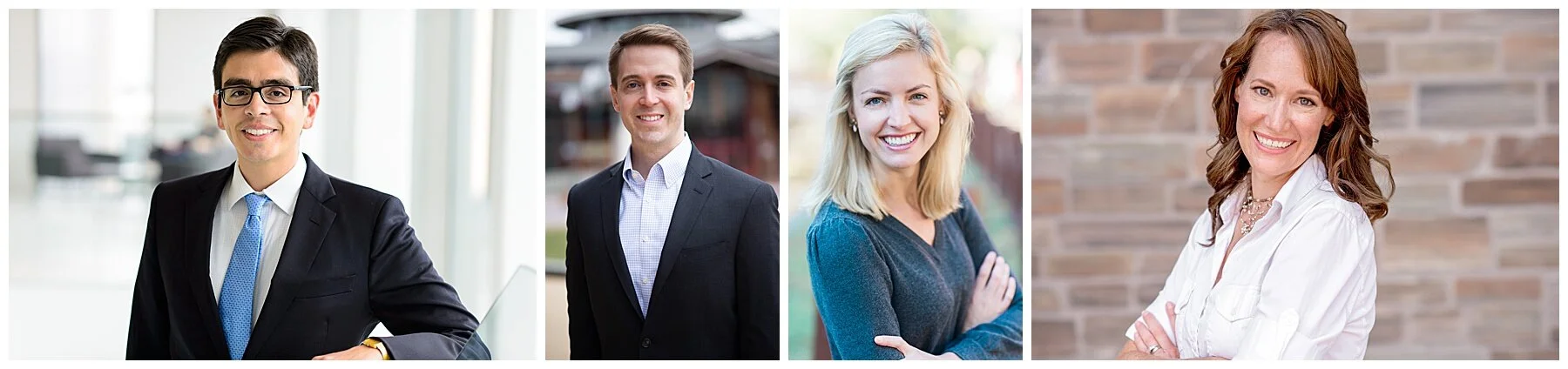 A collage of four professional headshots featuring two men and two women. The first man is wearing a suit and glasses, the second man is in a suit and tie, the first woman is smiling and wearing a sweater, and the second woman is in a white blouse.