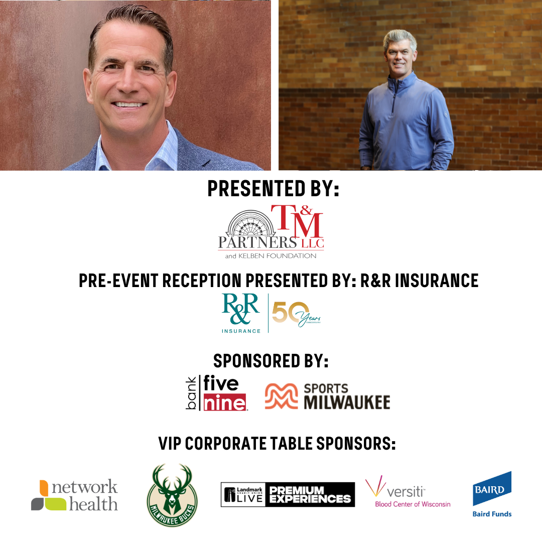 Event invitation graphic with two headshots of men, one smiling and the other standing against a brick wall, text about event sponsors, partners, and organizers.