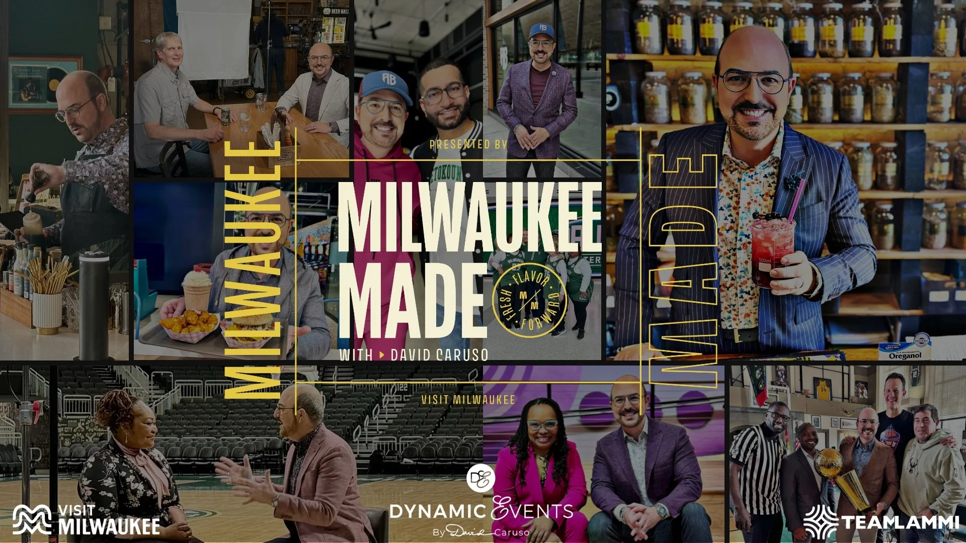 Collage of diverse people in Milwaukee participating in various activities, including dining, socializing, sports, and celebrating, with text overlay promoting Milwaukee-made food and beverage.