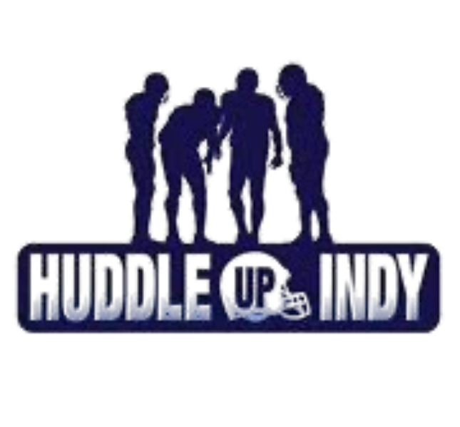Silhouette of four figures standing on a platform with the words "Huddle up Indy" illuminated below