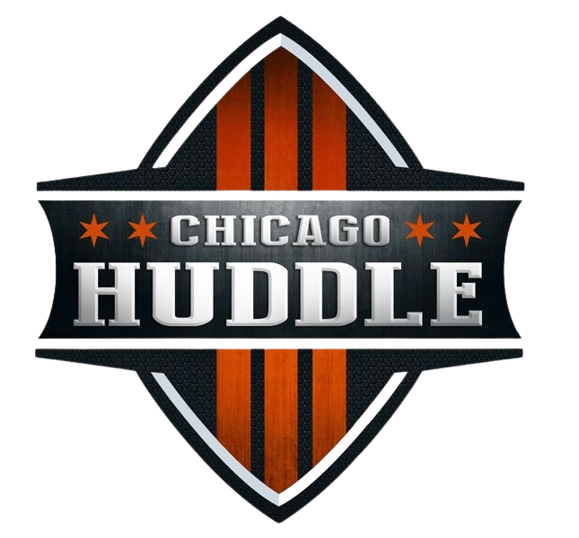 Chicago Huddle logo with a shield shape, featuring orange and black colors, stars, and the text 'CHICAGO HUDDLE' in bold letters.
