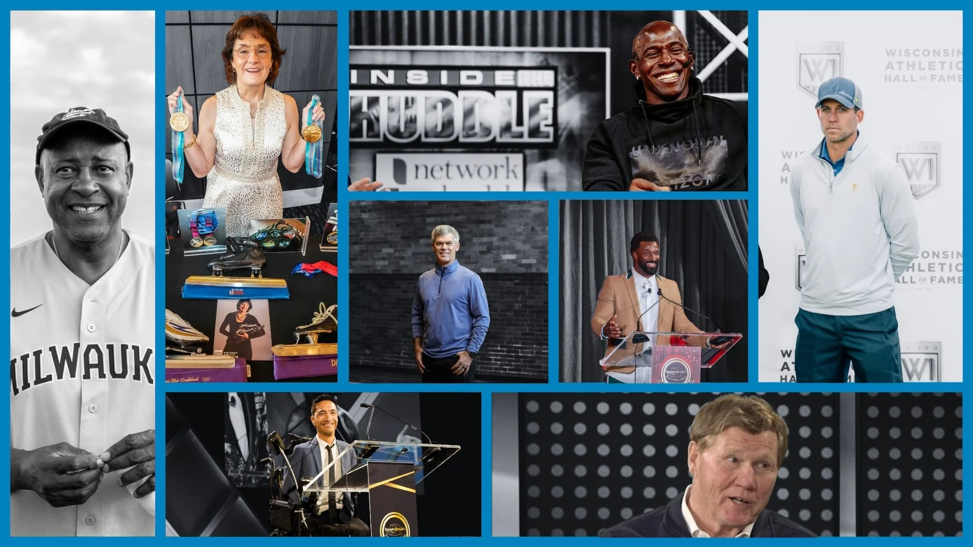 Collage of various individuals, including athletes, speakers, and award recipients, in professional and event settings.