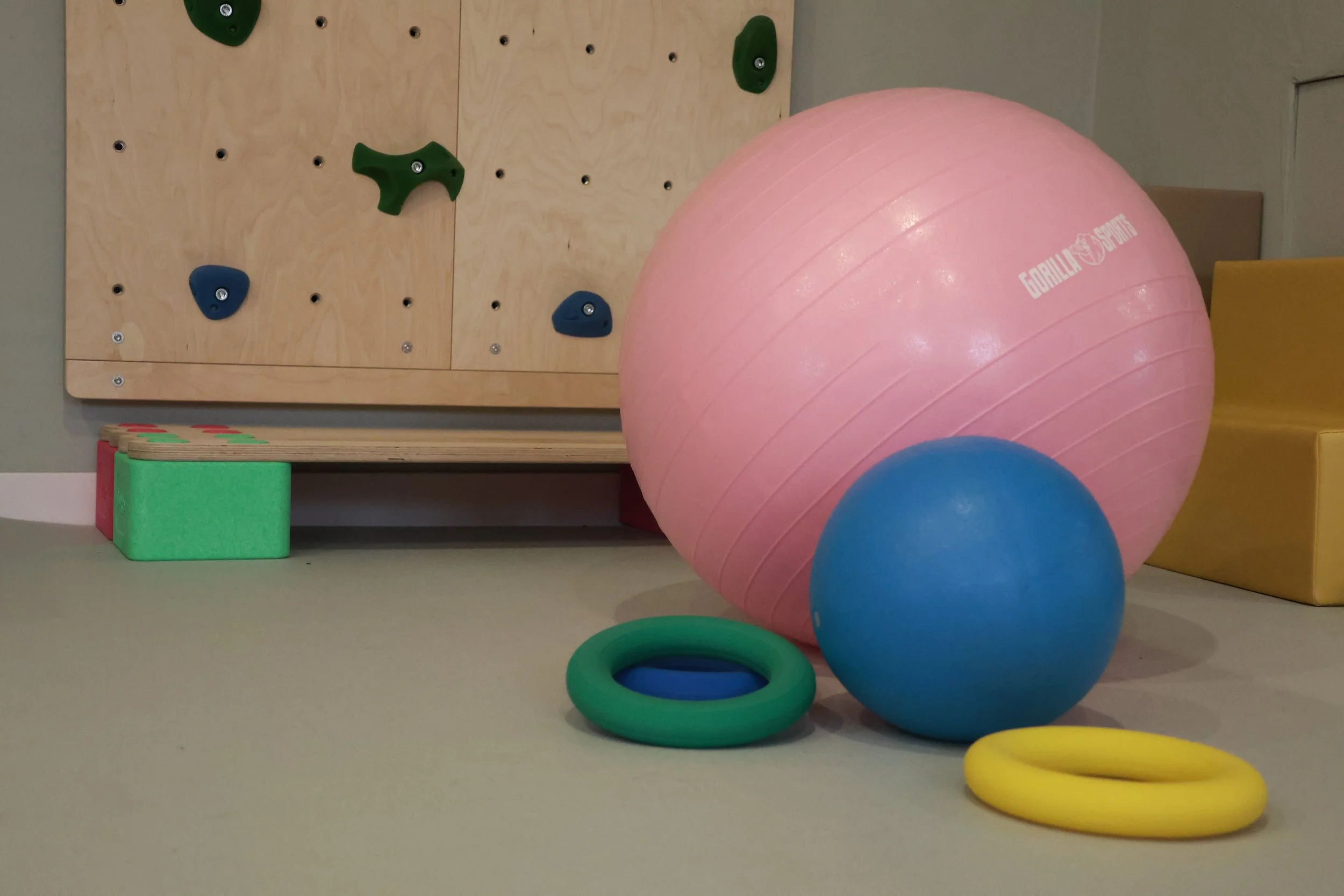 Verschiedene Trainingsgeräte aus der Physiotherapie liegen vor einer Kletterwand im Trainingsraum der Praxis für Physiotherapie für Kinder namens Fritzi in Neuötting. Foto: Leandra Busch