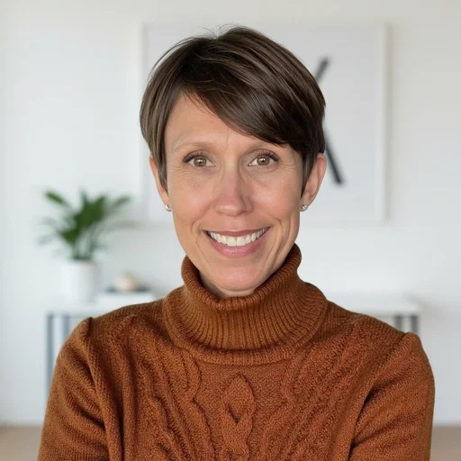 A smiling woman with short dark hair wearing a brown turtleneck sweater in a bright, modern room with a potted plant and wall art in the background.