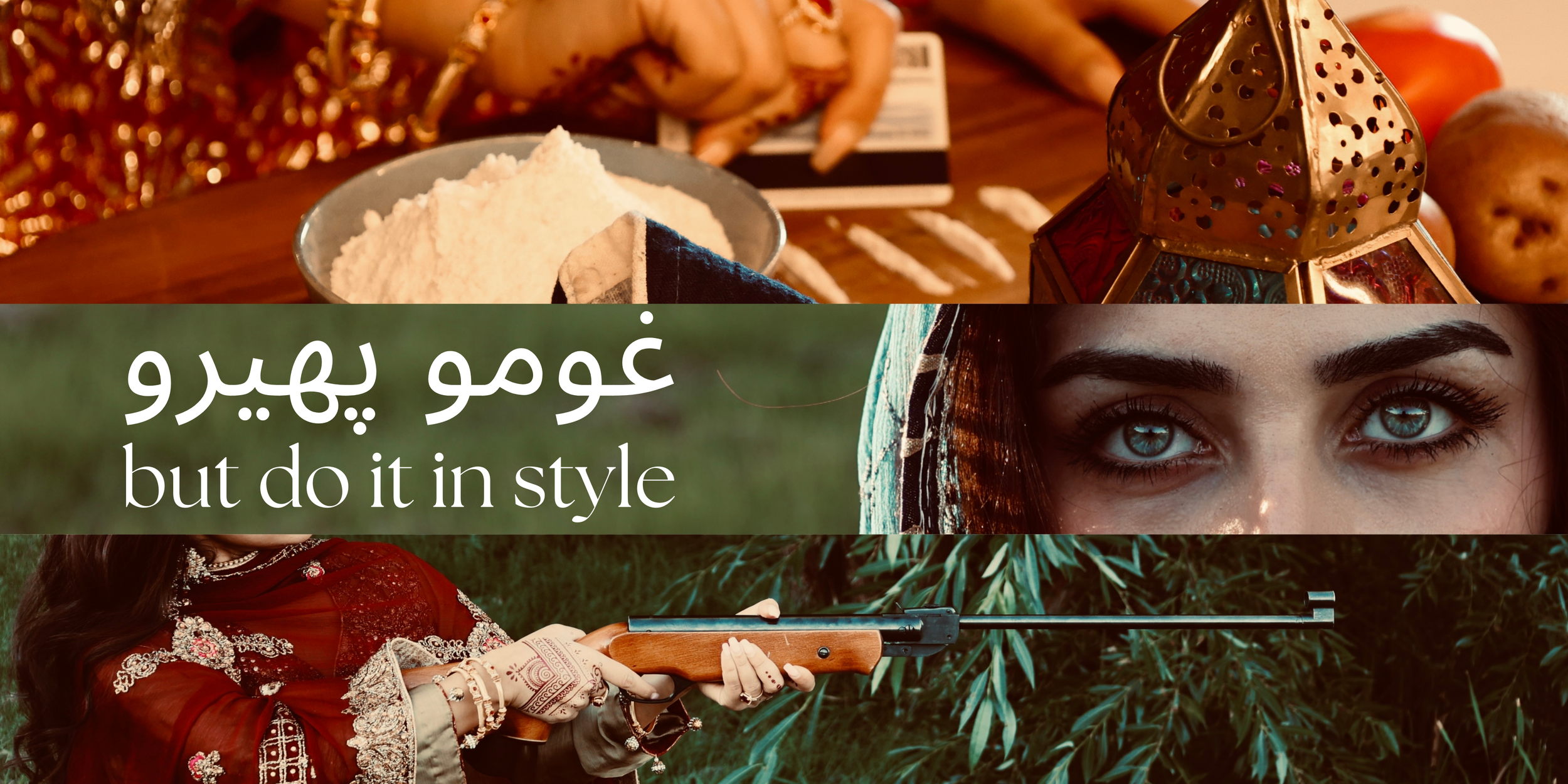 A woman dressed in traditional style holding a rifle outdoors, with a background of greenery. The image includes a collage of scenes with food on a table, a woman with blue eyes, and traditional clothing, with an overlay of text in both Persian and English that reads 'but do it in style.'