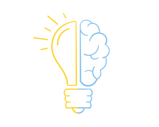 An illustration of a light bulb divided into two parts, one side emitting rays representing a bright idea, and the other side depicted as a brain, symbolizing creativity and intelligence.