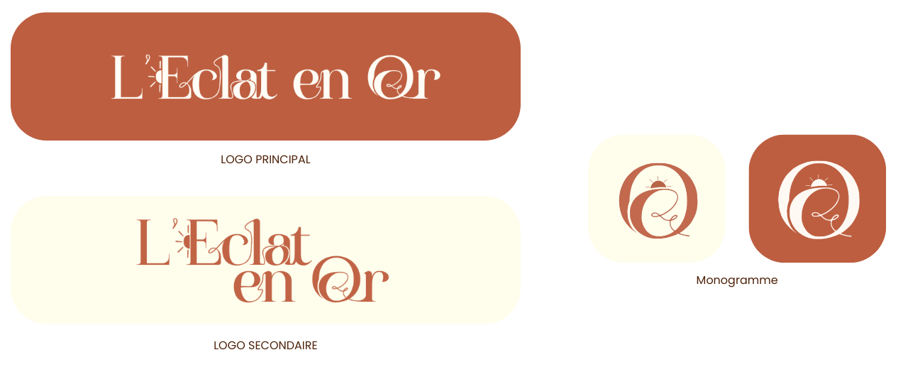 Le logo
Le logo adopte une approche minimaliste et élégante, pensée pour refléter la sophistication naturelle du salon. Son symbole, un petit soleil épuré, incarne la chaleur, la lumière et le bien-être que la marque souhaite transmettre. Une identit