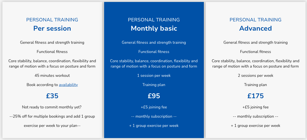 Pricing plans for personal training options: Per session, Monthly basic, and Advanced, with details on features, costs, and booking information.
