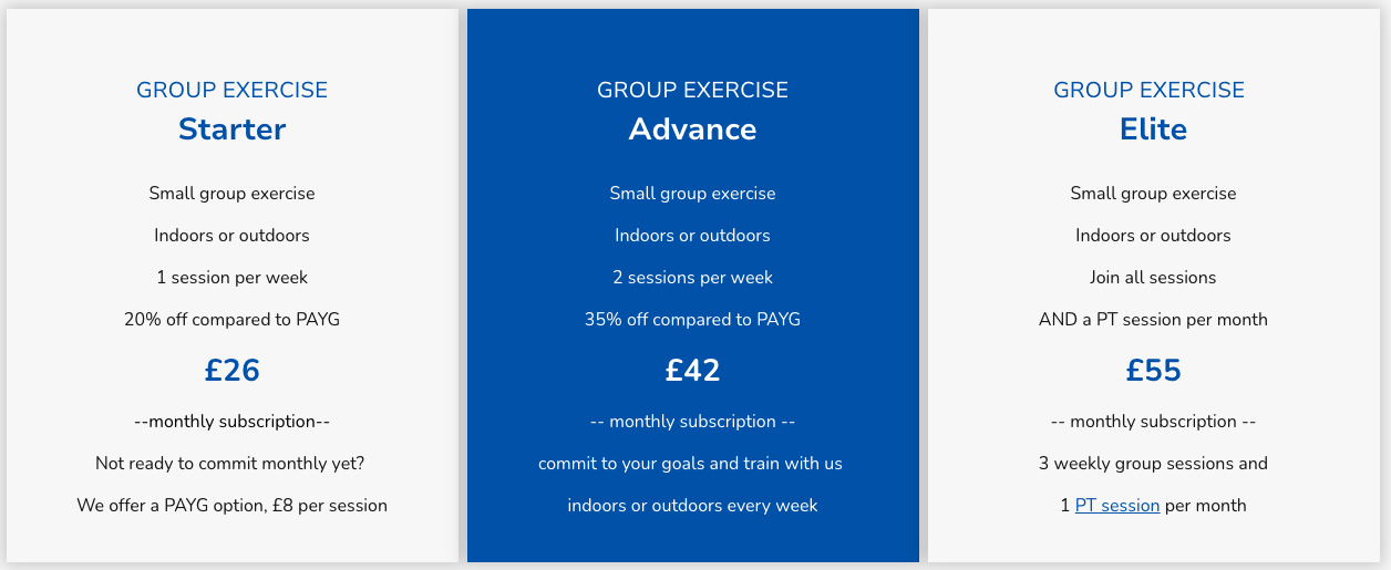 Pricing plans for group exercise classes, including Starter, Advance, and Elite options, with details on session frequency, discounts, and costs.