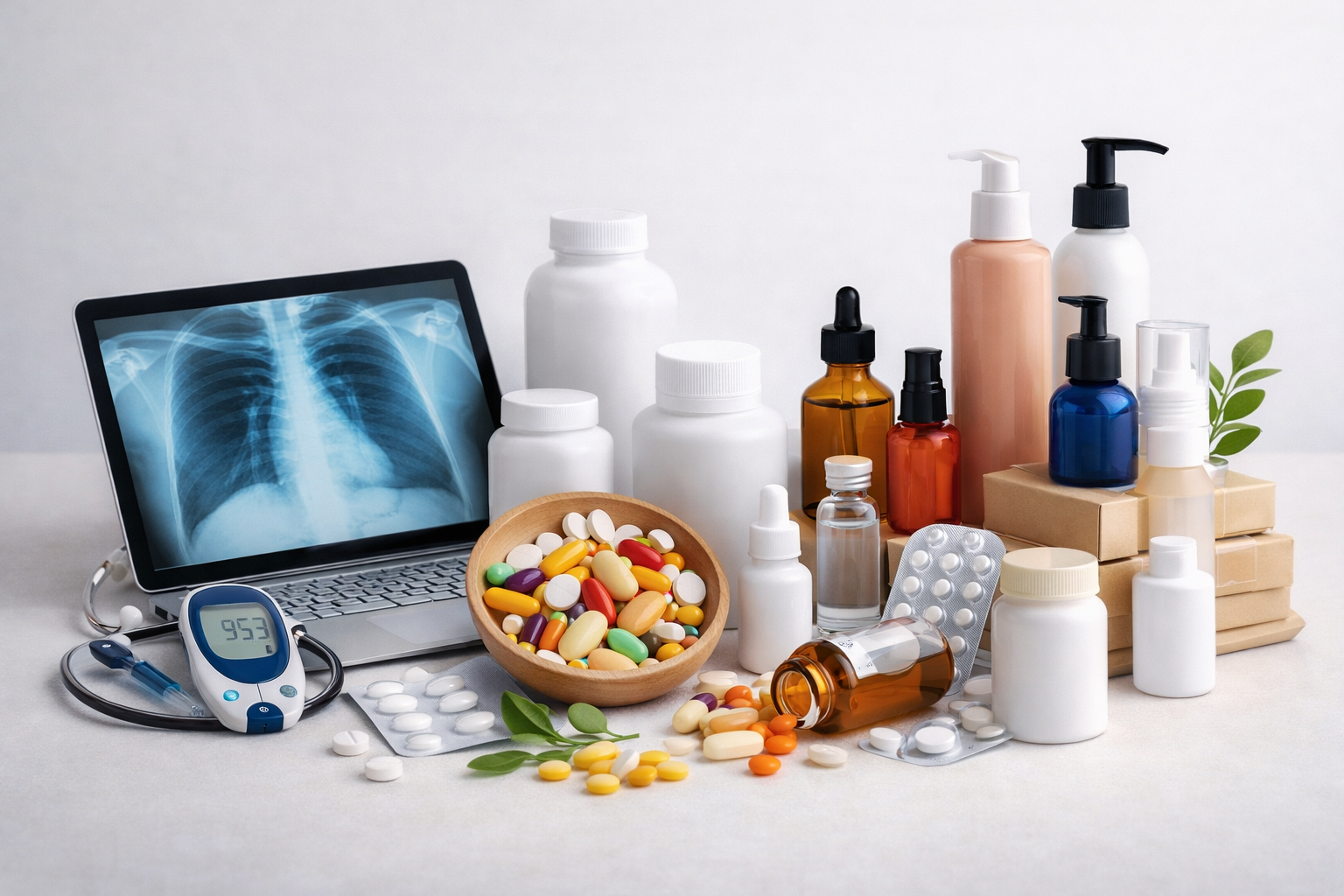 Medical and pharmaceutical supplies including a chest X-ray on a laptop, various bottles of pills, liquid medicines, tablets, and a blood pressure monitor.