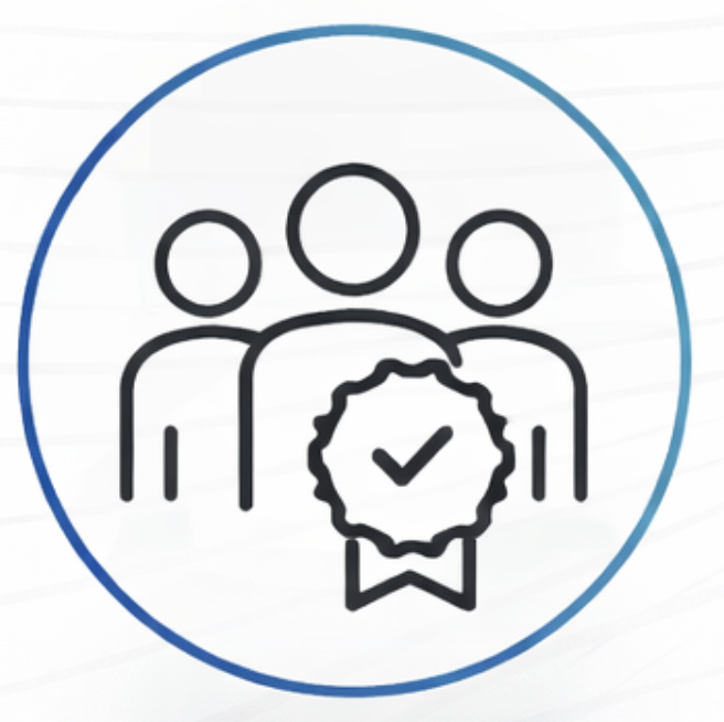 Line drawing of three people with a badge and checkmark, enclosed in a circle, representing certification or recognition.