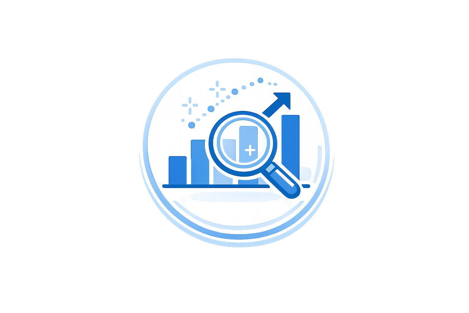 A digital illustration of a blue magnifying glass inspecting a bar graph with an upward trend, overlaid with bubble and dot graphics, symbolizing data analysis and growth.
