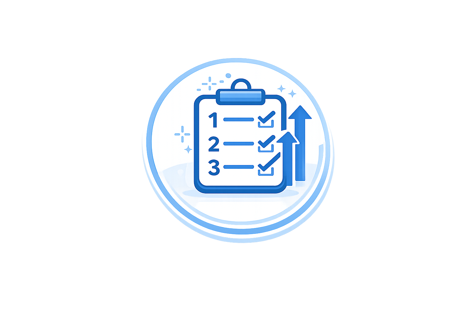 Icon of a checklist on a clipboard with three items, all checked, and an upward arrow beside it, indicating progress or completion.