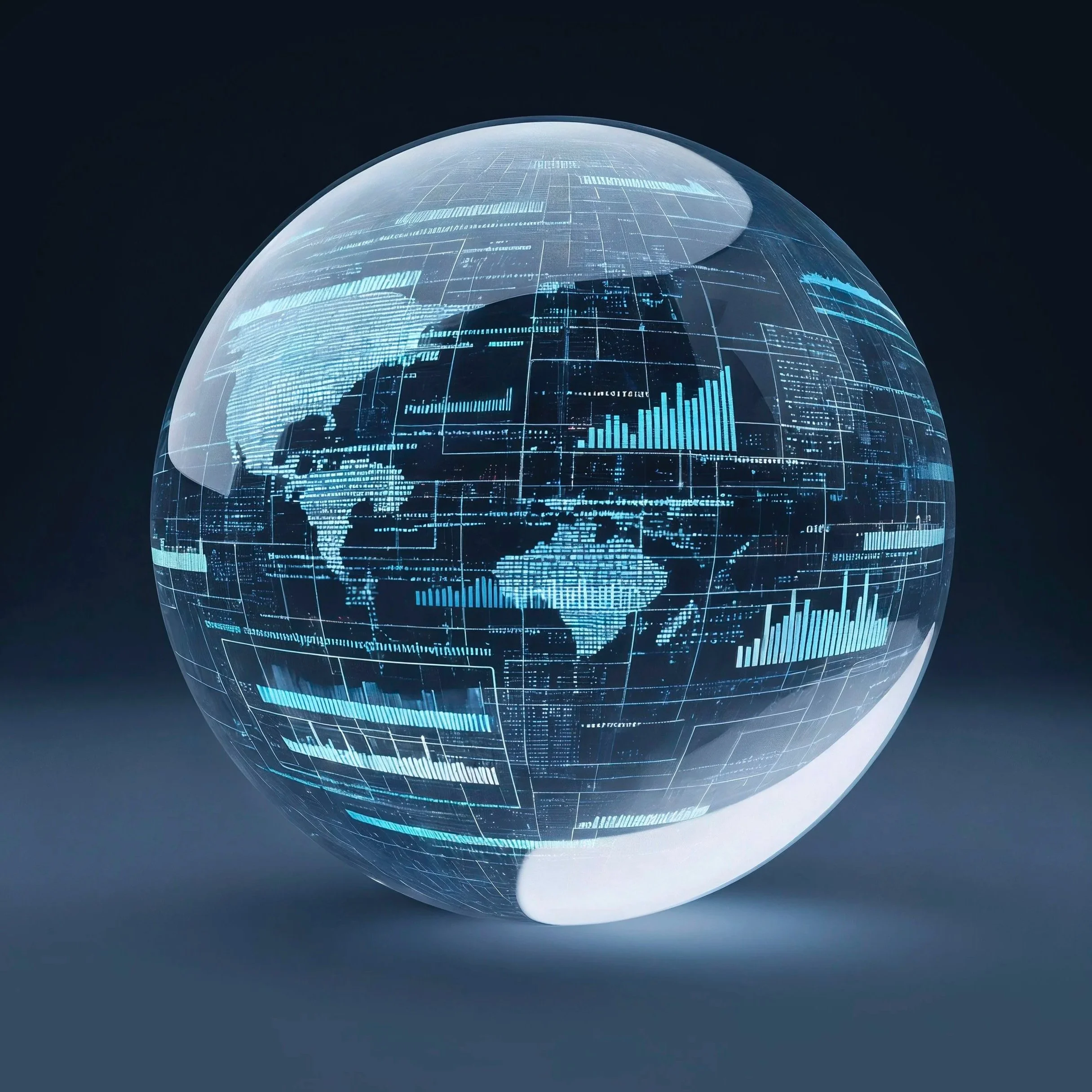 A digital globe with a holographic display of the world map and bar graphs, representing global data.