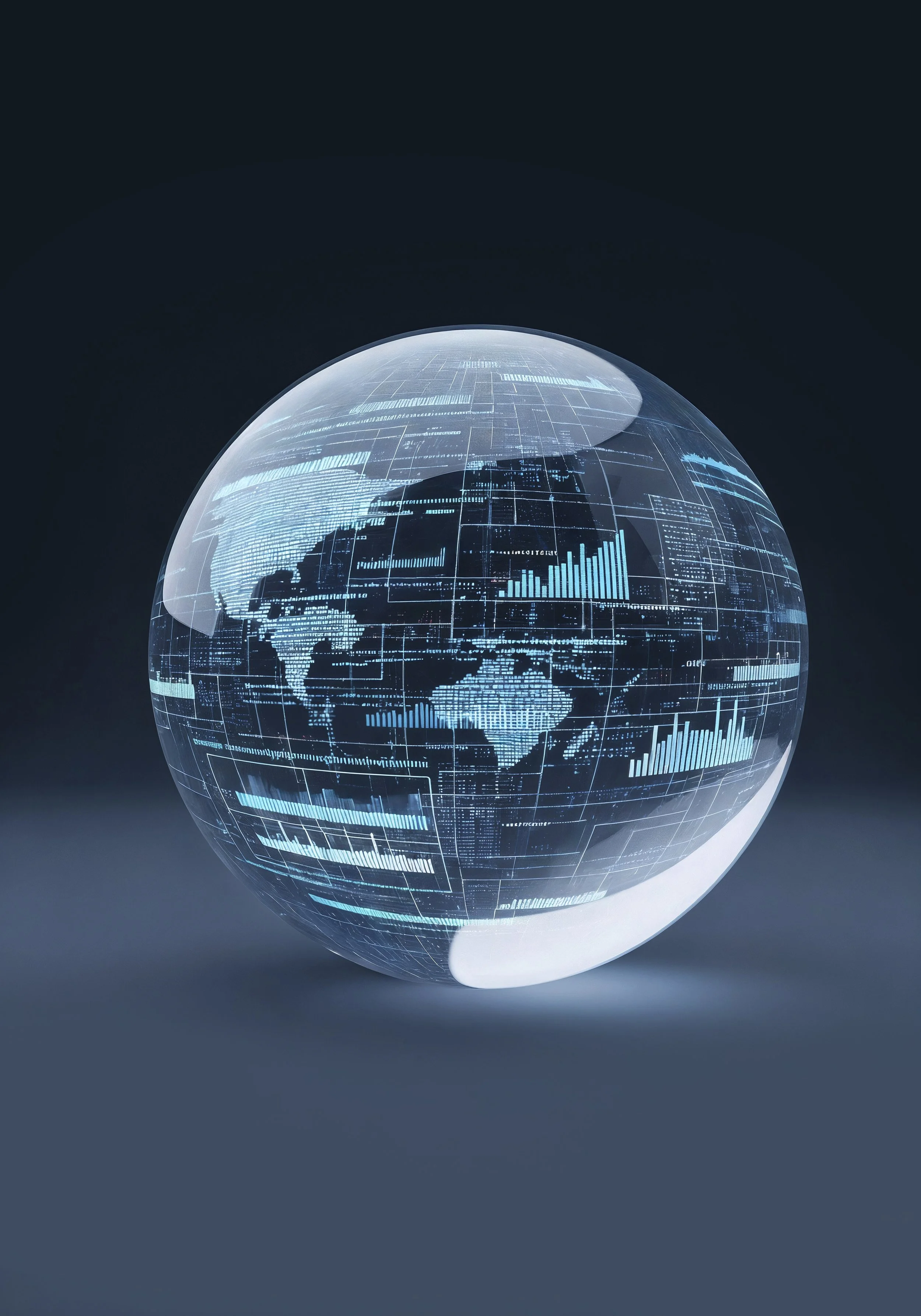 Futuristic transparent globe with digital world map and data charts.