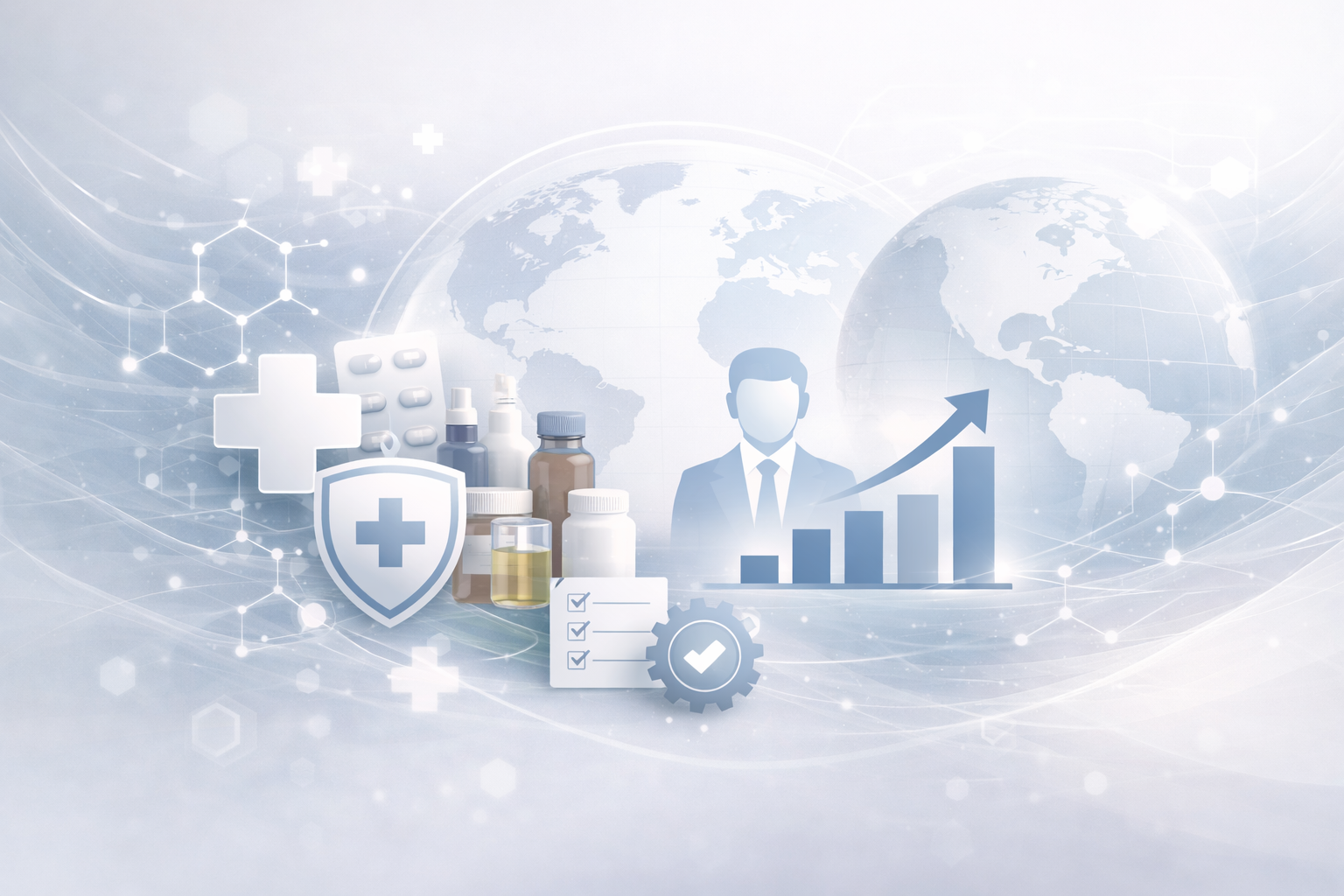 A digital illustration depicting global healthcare and business growth, featuring medicine bottles, pills, a medical shield with a cross, a notepad with checkmarks, a gear with a checkmark, a professional man, a rising bar graph with an upward arrow, and a world map in the background.