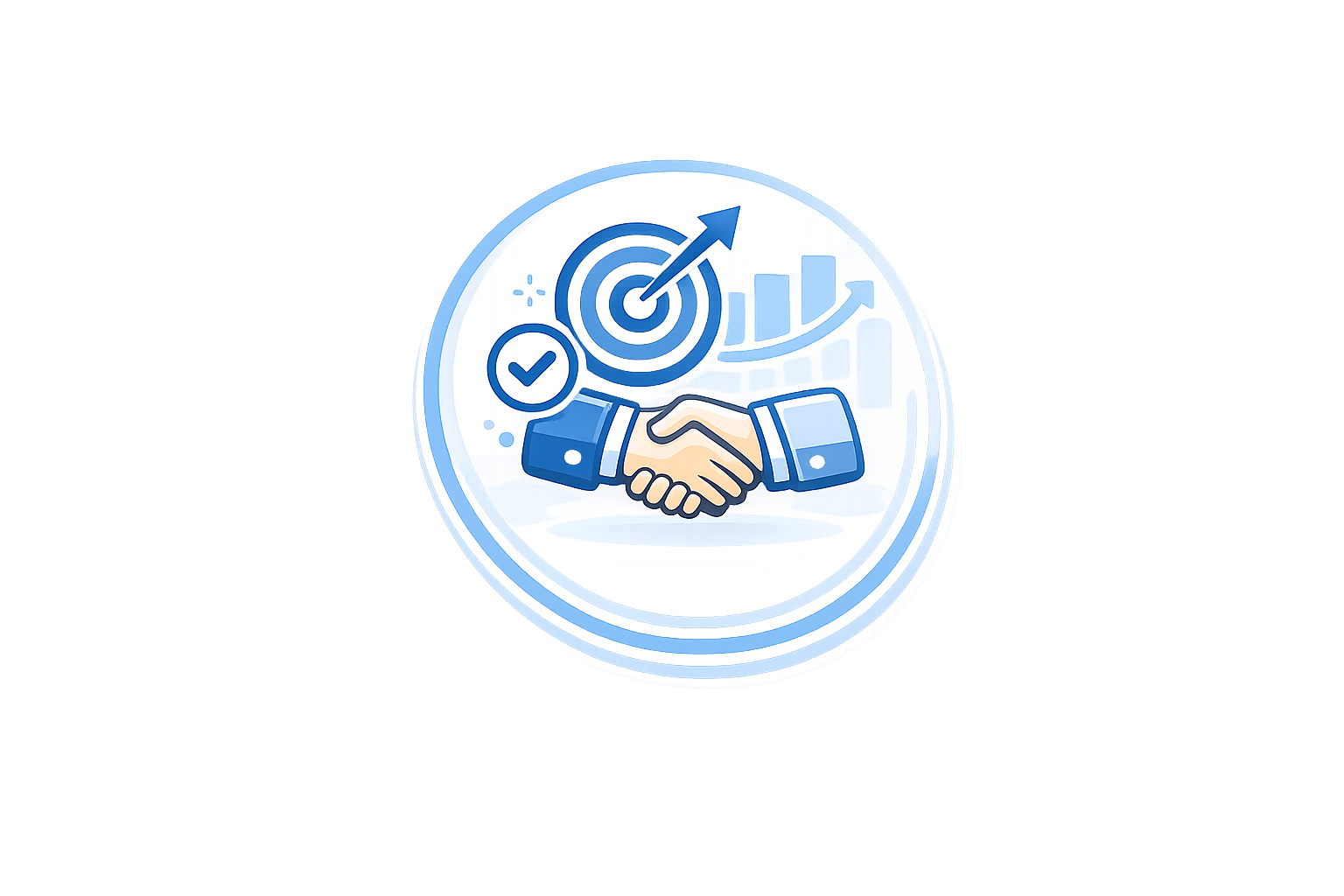 A graphic showing a handshake, a checkmark, a target with an arrow, and a rising bar chart, symbolizing business success and partnership.