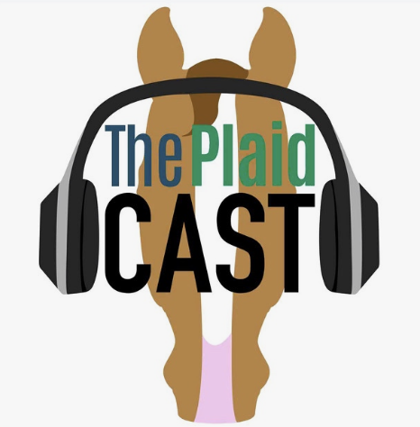 A dog with a plaid pattern and headphones with the text 'The Plaid CAST' over its head.