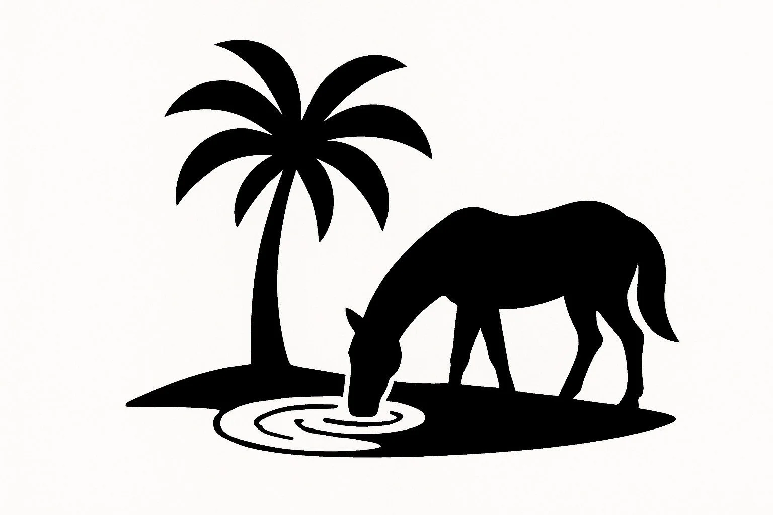 Black silhouette of a horse drinking water under a palm tree on a small patch of ground.