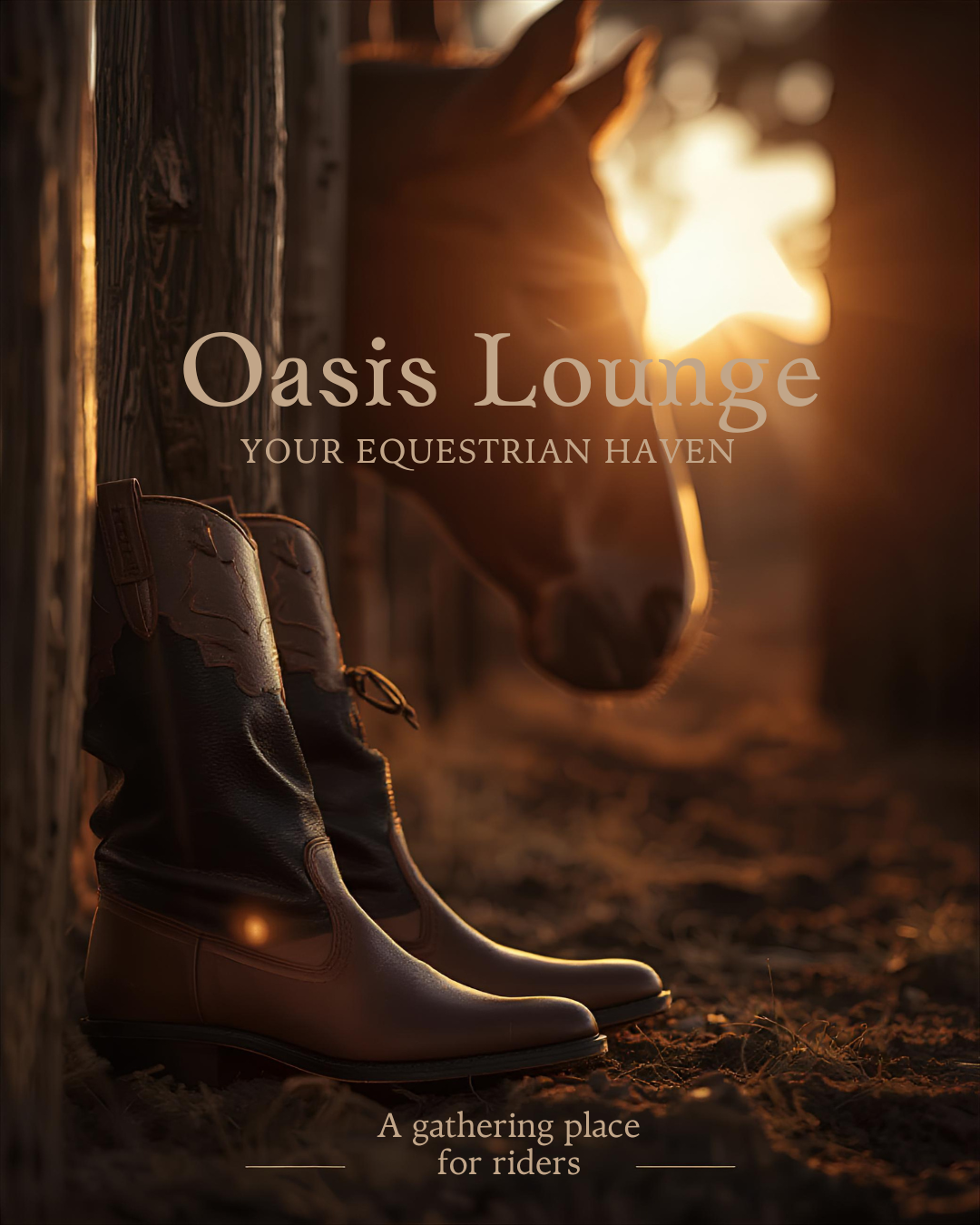 Pair of riding boots propped against a wooden post at sunset, with a horse's head and neck in the background, backlit by warm sunlight.