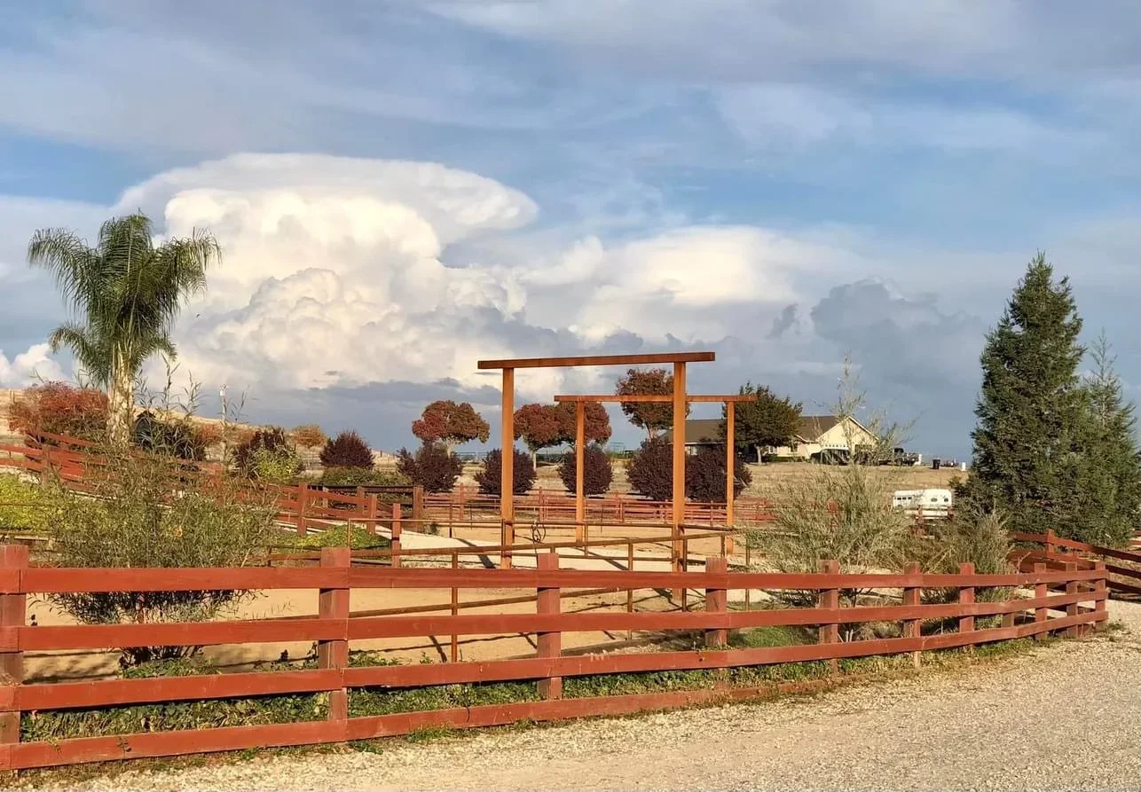 A rural outdoor scene with a fenced area containing a wooden structure, trees, a house in the background, and a cloudy sky.