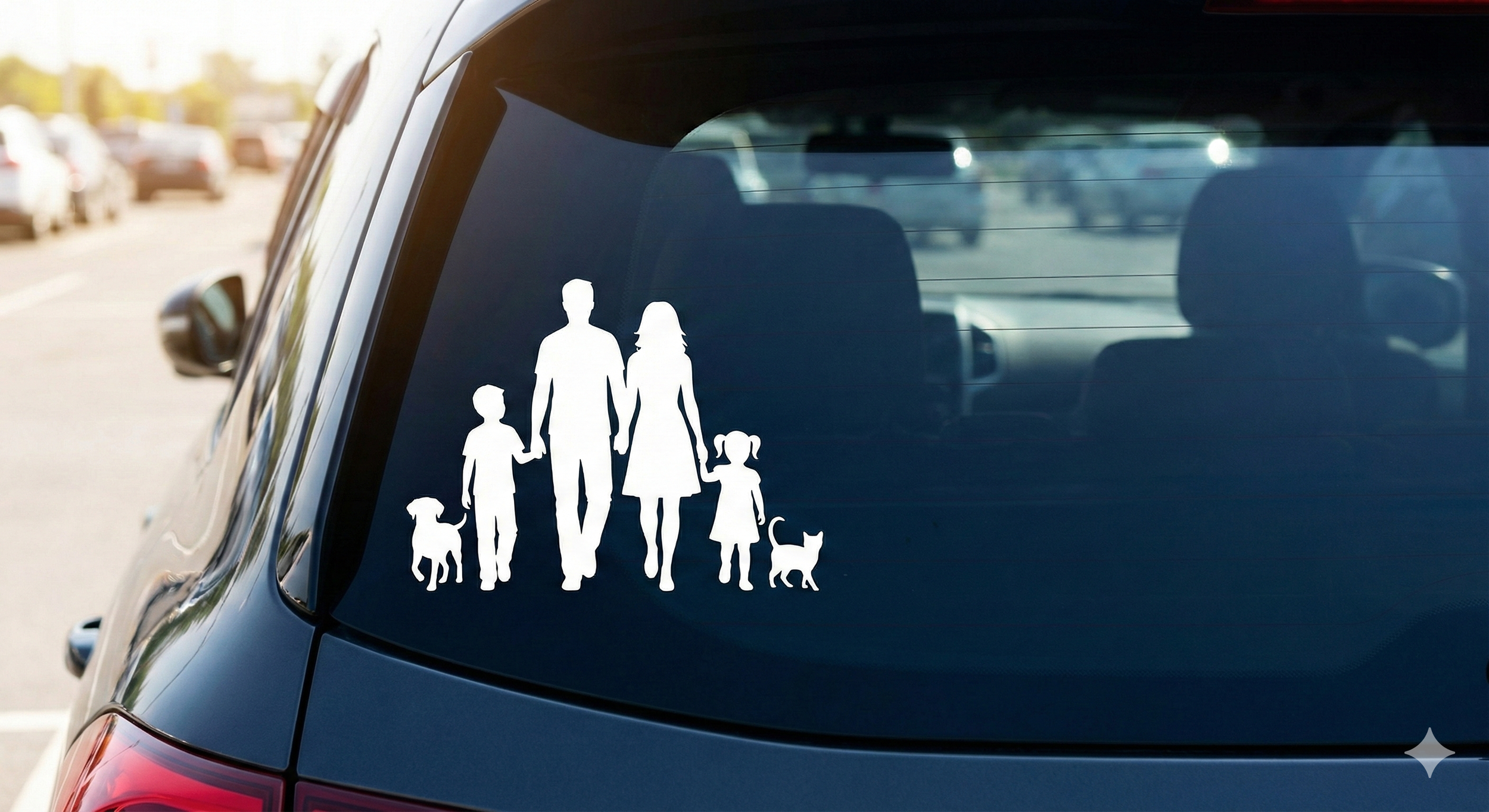 White family silhouette sticker featuring two adults, two children, two dogs, on the back window of a dark-colored SUV, parked outdoors on a sunny day.