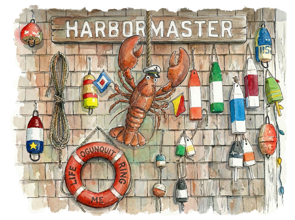 Wall display with a sign that reads 'HARBORMASTER'. A large lobster sculpture is attached to the wall, surrounded by colorful fishing buoys, a life ring, and various maritime decorations.