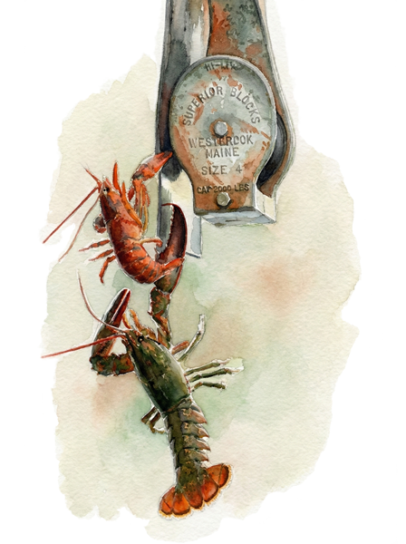 A watercolor illustration of two lobsters hanging from a metal hand truck, with a label that reads 'Supervisors Blocks, Westbrook, Maine, Size 4, Cap 2000 LBS'.