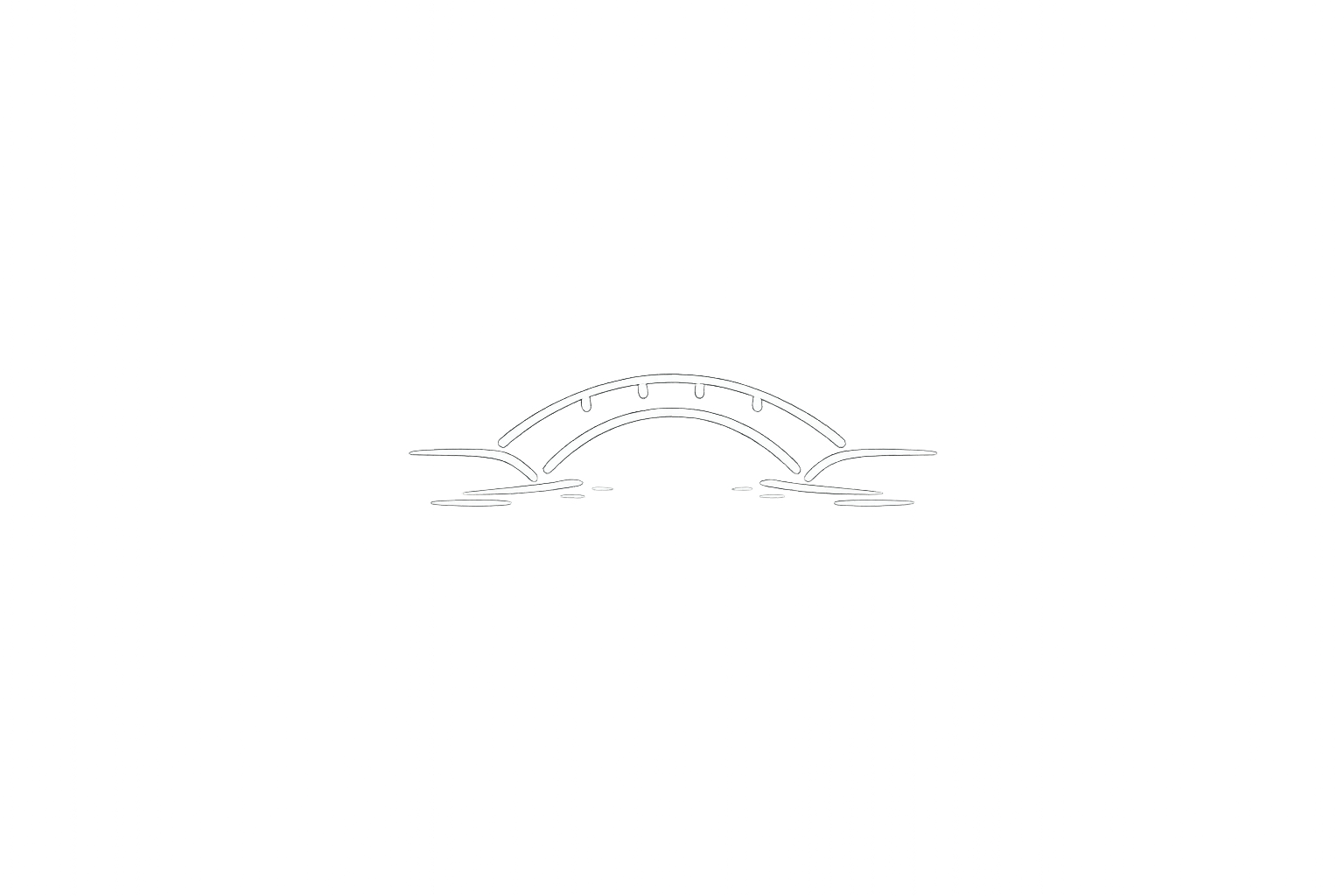Minimalist digital outline of a bridge with a reflective water surface beneath it, glowing on a gray background.