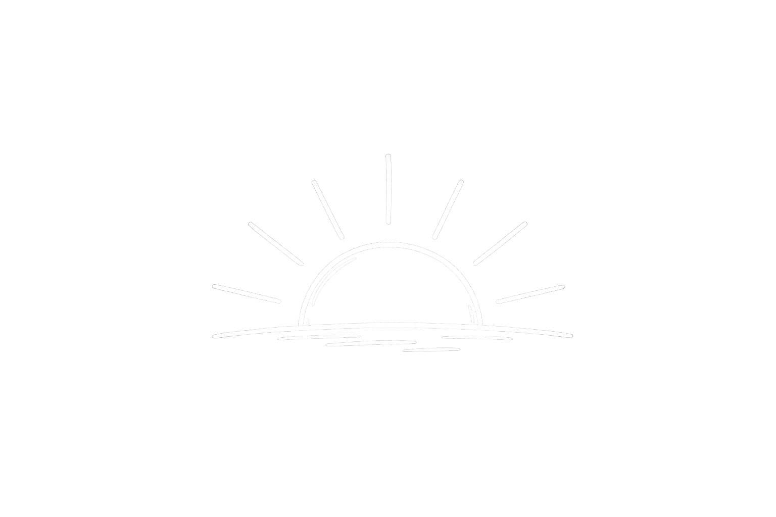 Simple line drawing of a sun setting over water, with rays extending outward.