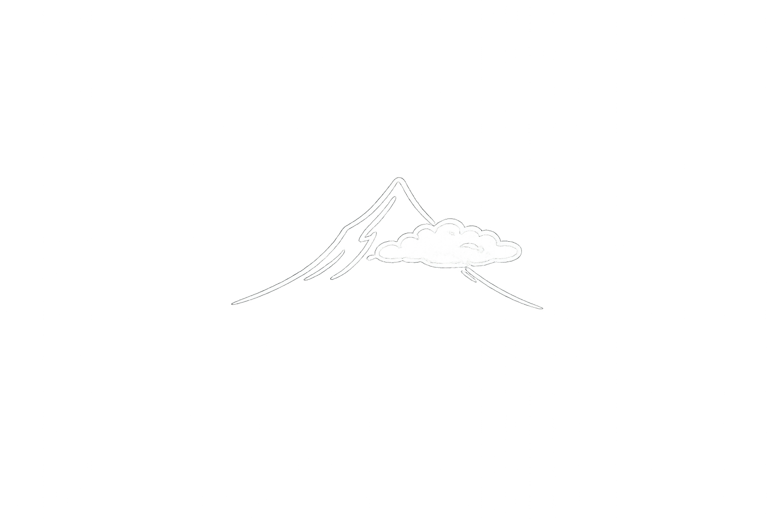 White line drawing of a mountain peak with clouds in front of it, all on a black background.