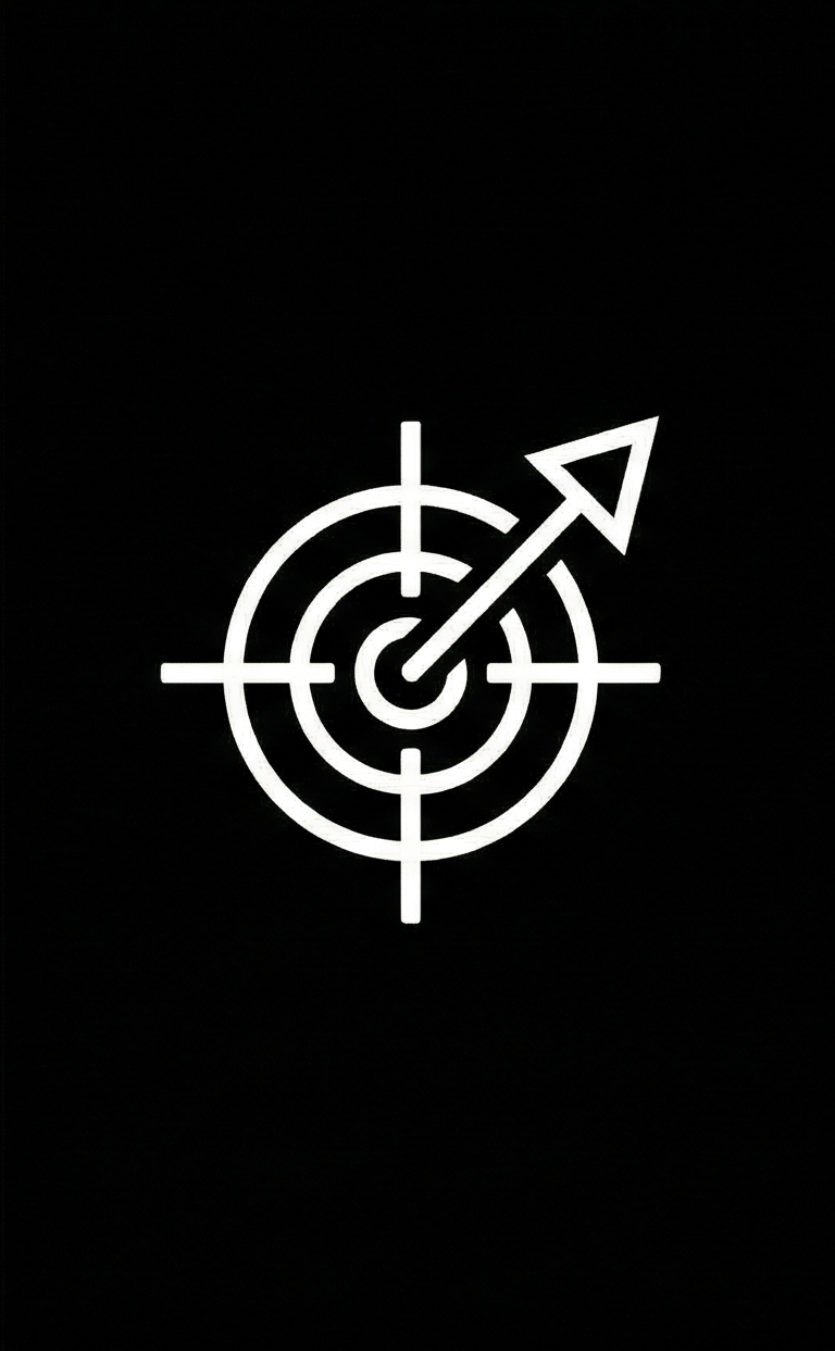 A white target with concentric circles and crosshairs, with an arrow hitting the bullseye on a black background.