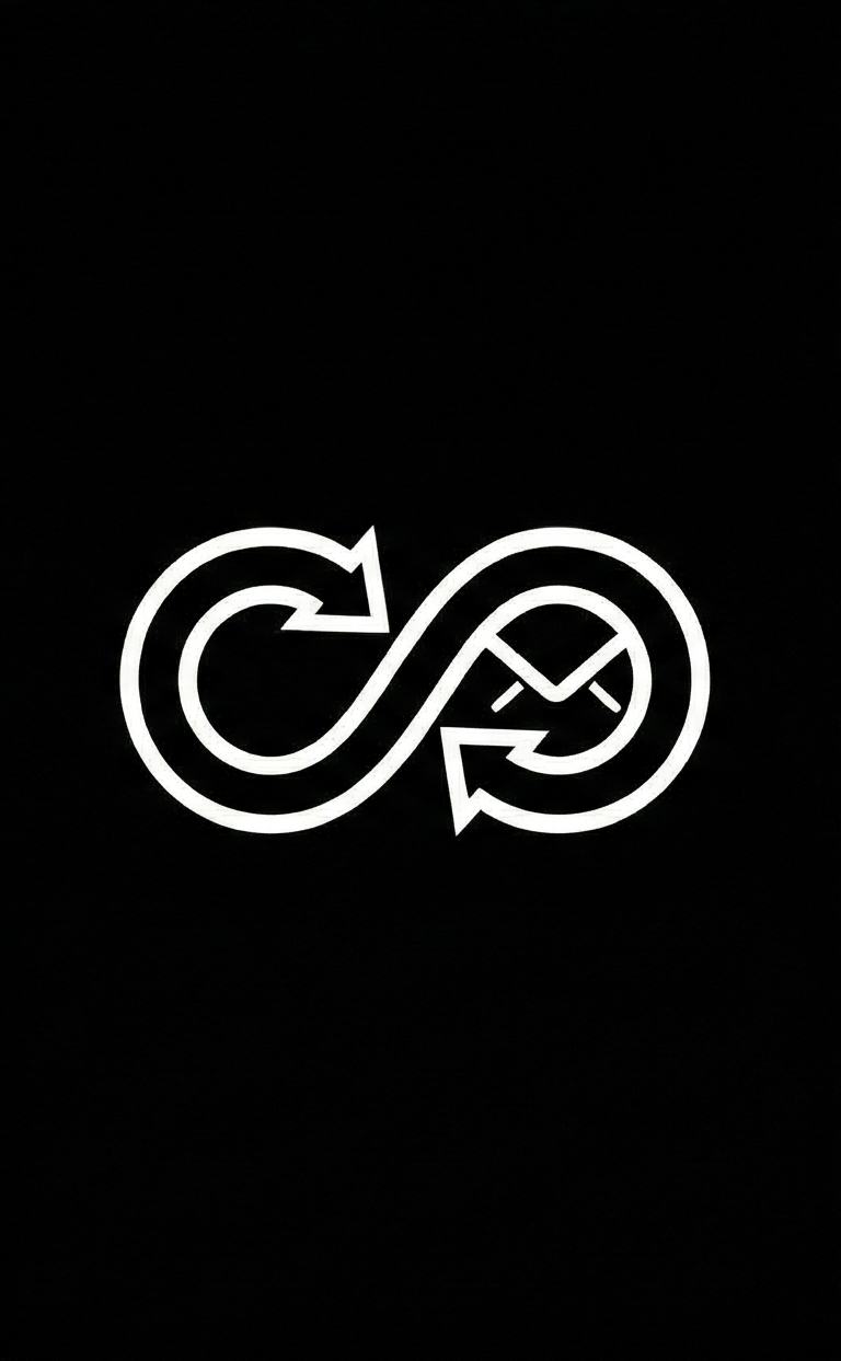 White infinity symbol composed of two arrows on a black background.