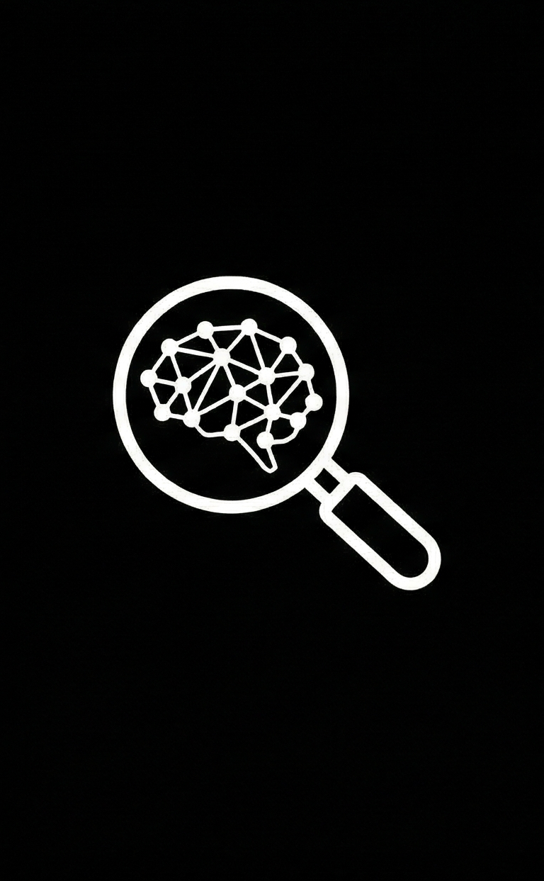 A digital icon of a magnifying glass with a brain inside, representing AI or neural network analysis.