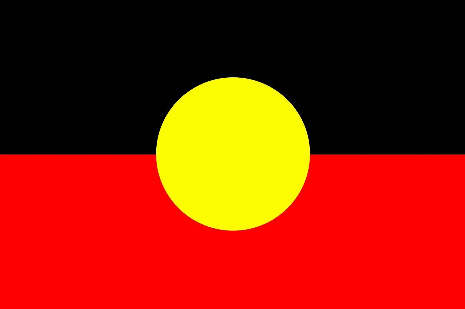 Flag of Aboriginal Australia featuring a black top half, a red bottom half, and a yellow circle in the center.