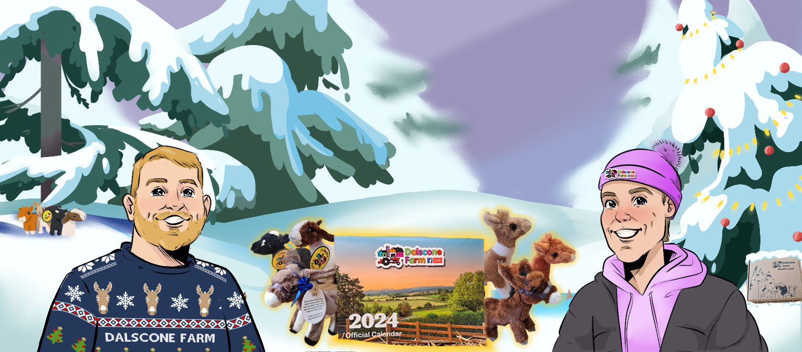 Cartoon scene of a snowy farm with two smiling people, one man and one woman, surrounded by snow-covered trees and plush farm animal toys, including cows, a horse, and a llama. There is a 2024 calendar with a farm scene and the Dalscone Farm logo.