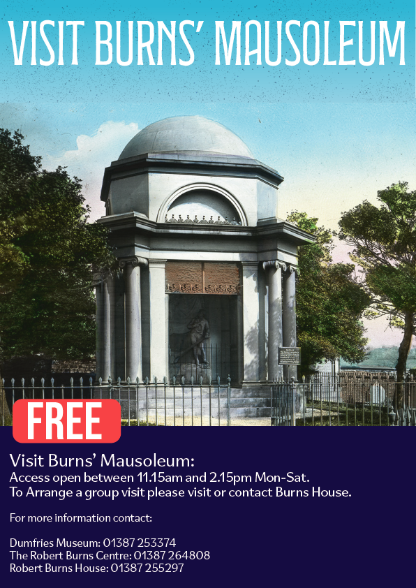 A historical mausoleum with a domed roof, surrounded by trees and a black iron fence, with promotional text about visiting Burns' Mausoleum