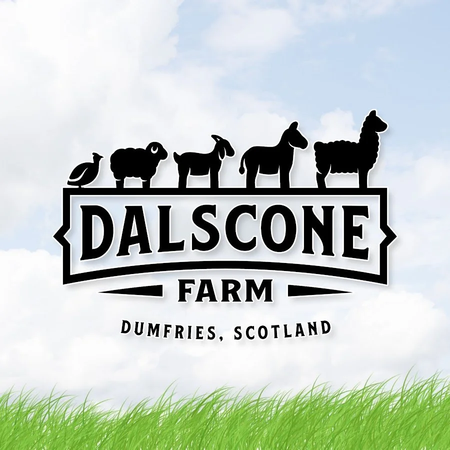 Logo for Dalscone Farm in Dumfries, Scotland, featuring silhouettes of farm animals including a bird, sheep, goats, and a llama, with a grassy field below and a cloudy sky above.