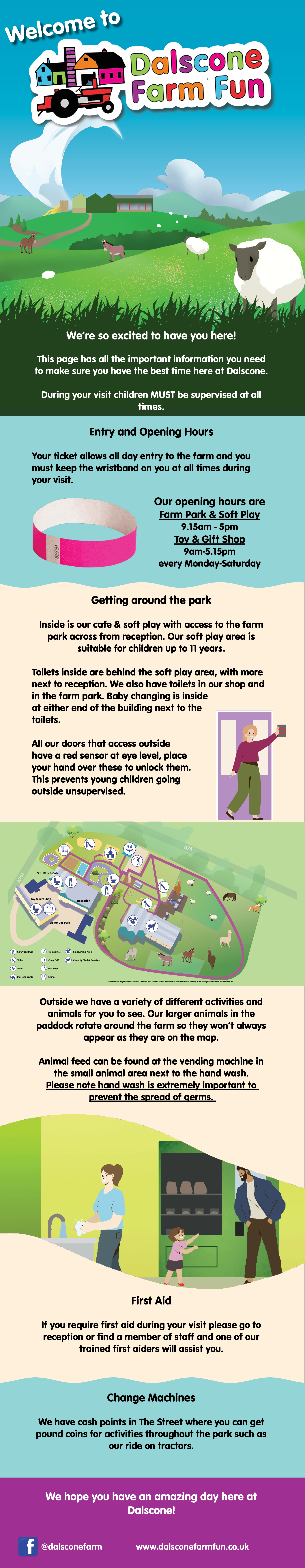 An informational poster for Dalscone Farm Fun featuring colorful illustrations of animals, farm activities, and park layout. Highlights include farm hours, park attractions, animal feed, first aid, and ticket information.