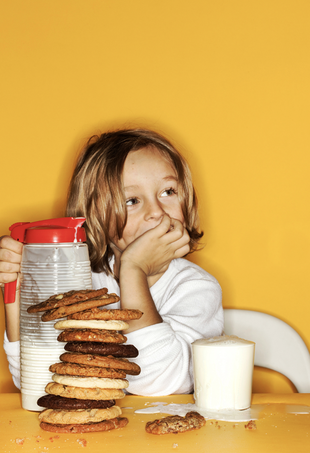 Young girl sitting at a yellow table, covering her mouth with her hand, with a stack of cookies, a glass of milk, and a container of milk on the table, against a yellow background.