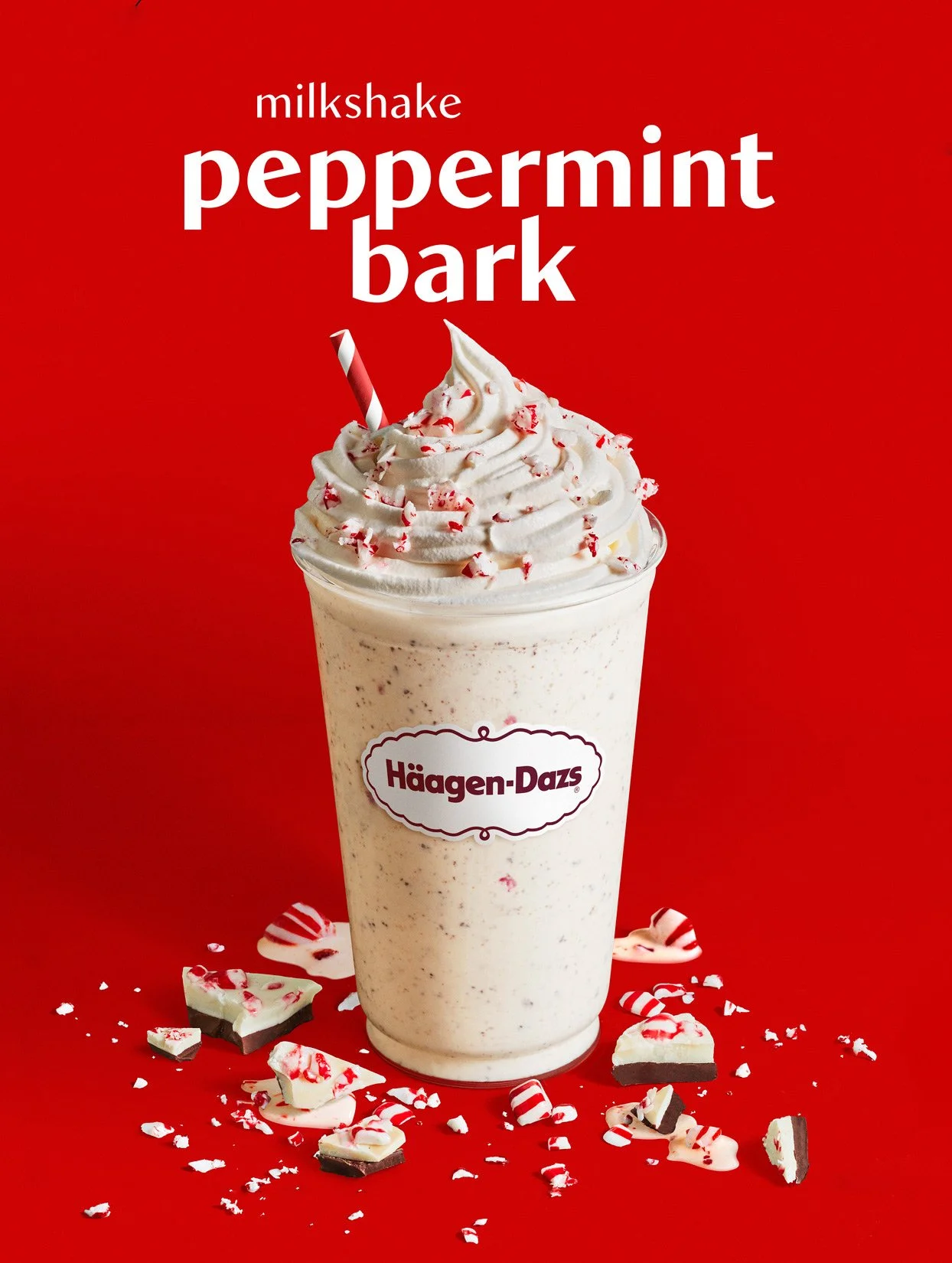 A red background with a vanilla milkshake topped with whipped cream and red peppermint pieces, in a Häagen-Dazs branded cup, surrounded by crushed peppermint candies and chocolate pieces.