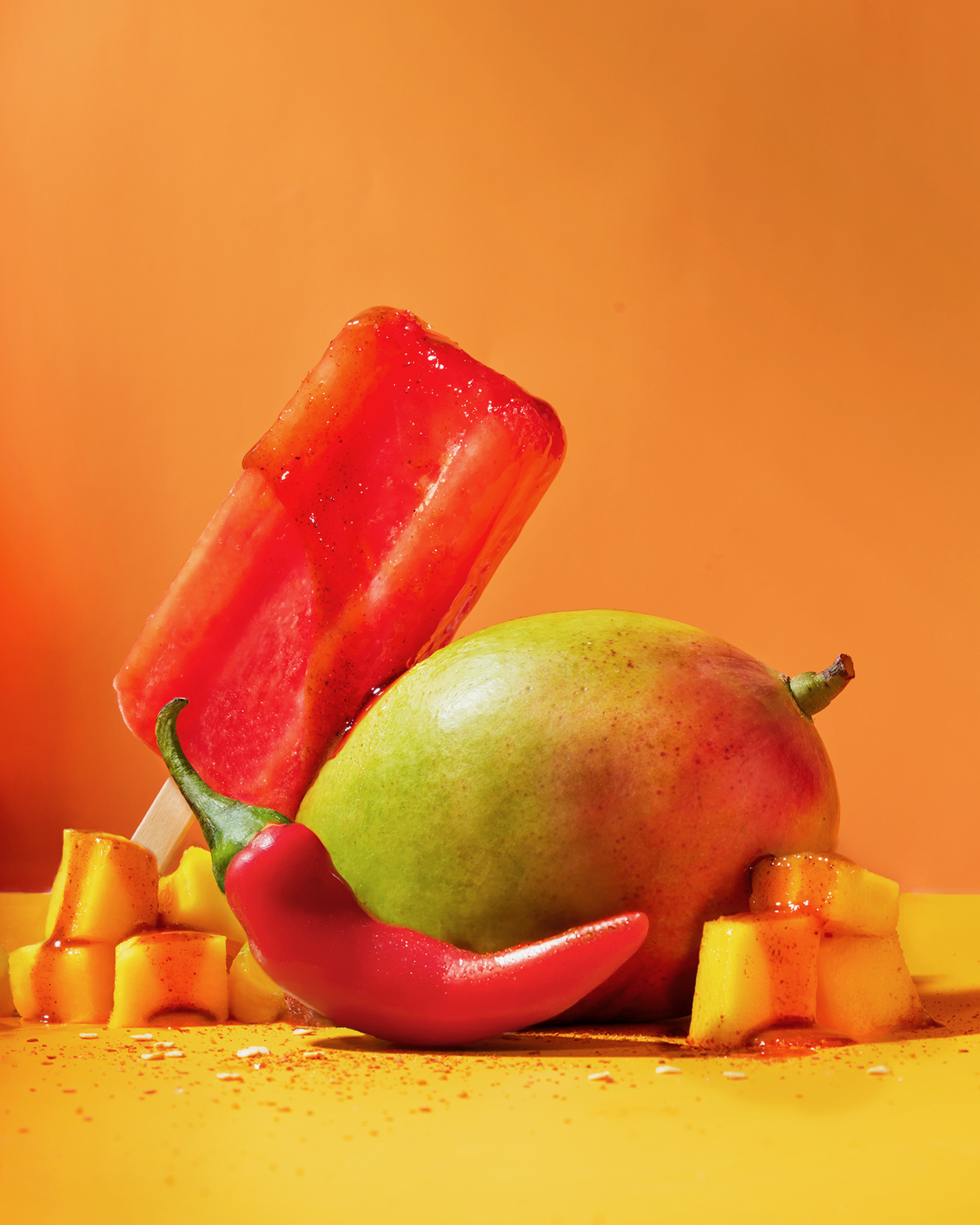 Close-up of a green mango, red chili, watermelon popsicle, and chopped mango pieces on a yellow surface with a yellow-orange background.