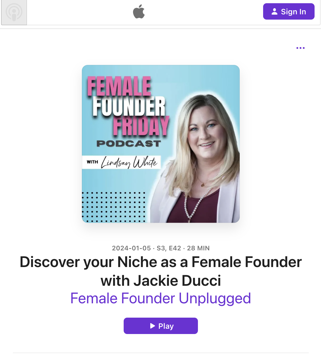 Cover art for the Female Founder Friday podcast featuring Lindsay White, with a photo of her smiling, blonde hair, white blazer, burgundy top, and a necklace.