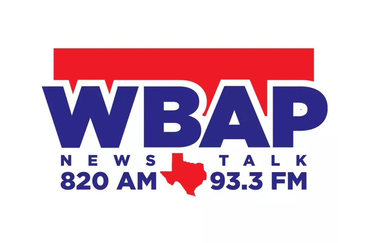A promotional graphic for WBAP radio featuring an interview with Jackie about fostering shelter pets. Includes a photo of Jackie smiling and holding two dogs, with a microphone on the table. The background shows shelves with awards and framed pictures. The graphic has text about the event, radio station information, and the date December 12, 2023.