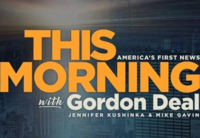 Announcement for a radio feature on 'This Morning with Gordon Deal' with a picture of a woman holding two dogs at a desk, and a poster of the show featuring three hosts.