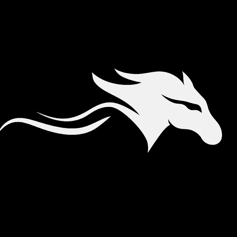 A stylized white dragon head with flames on a black background.