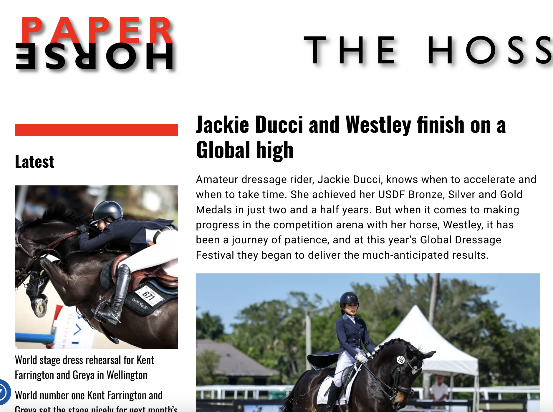 The front page of a magazine called 'Horse' featuring an article about Jackie Ducci and Westley finishing on a high in a global dressage competition. The page includes images of a rider in action during a dressage event and a rider in formal dressage attire riding a horse in an outdoor arena.
