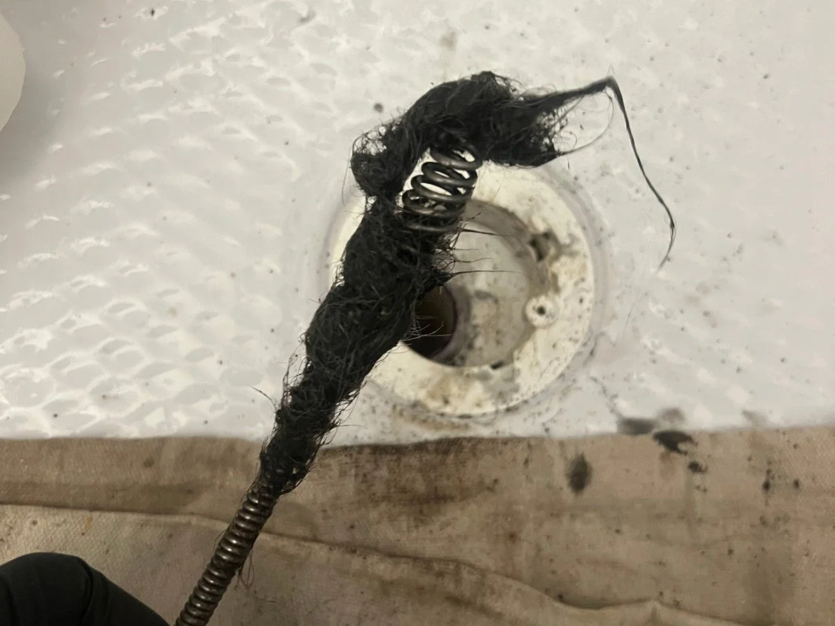 Hair and debris pulled from a clogged household drain using professional drain-cleaning equipment.