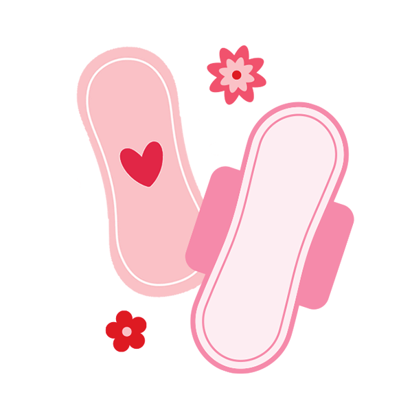 Illustration of feminine hygiene pads with heart and flower decorations.